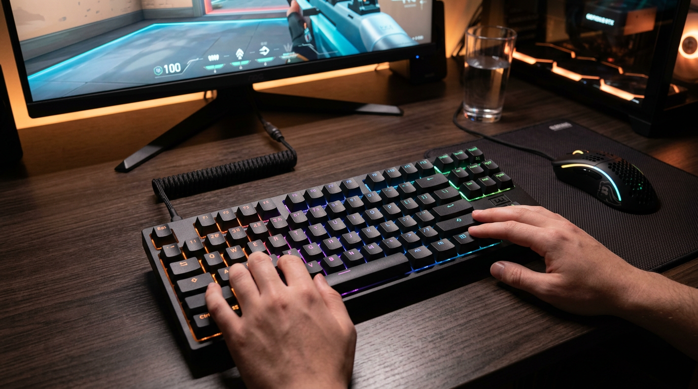 Hands typing on a mechanical RGB keyboard with a gaming monitor and mouse nearby