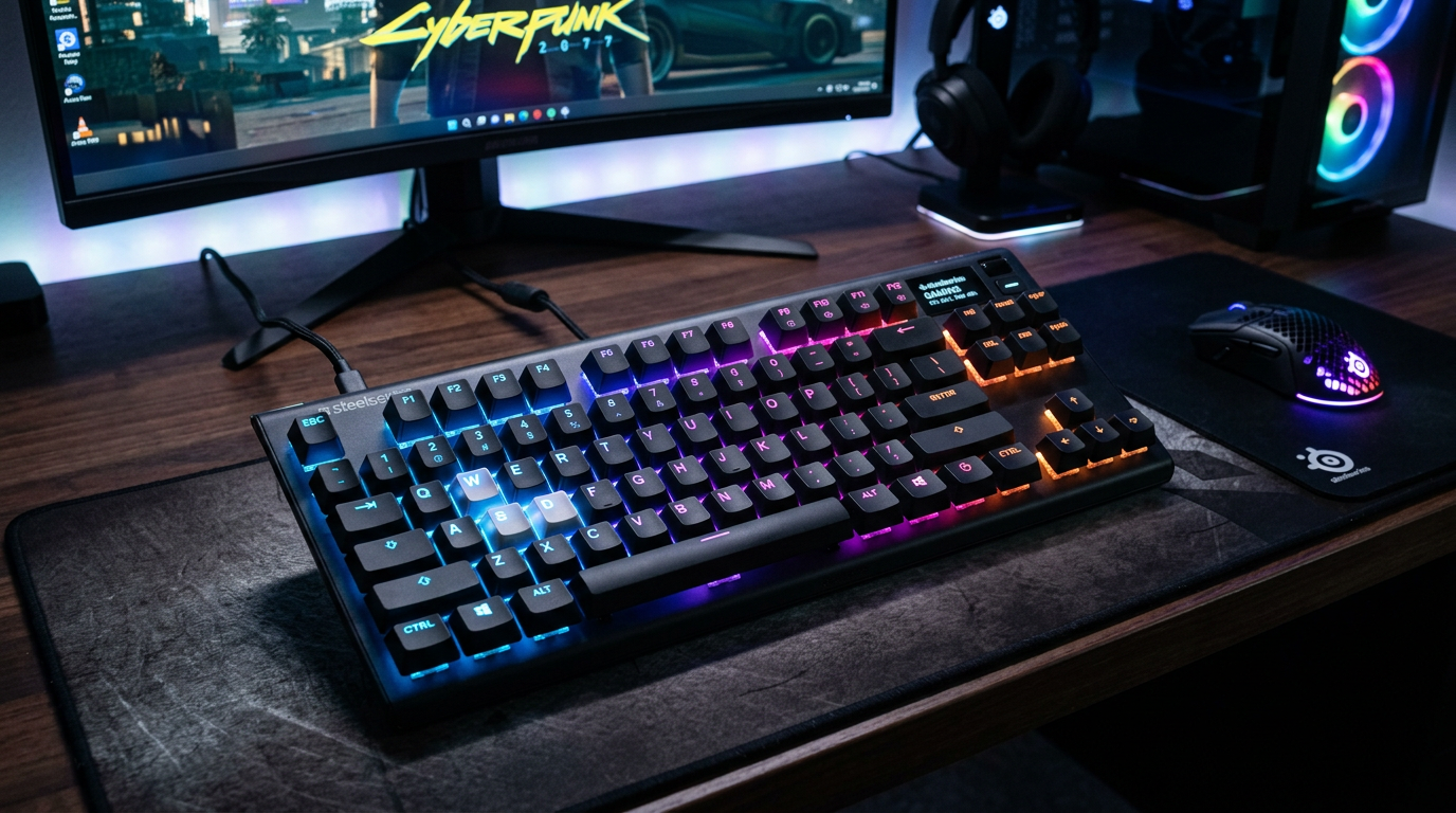 RGB mechanical keyboard with vibrant backlighting on a gaming desk